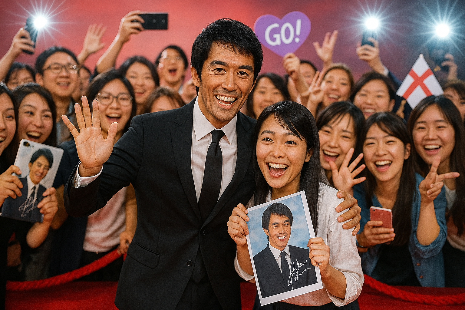 ファンに囲まれて笑顔の阿部寛